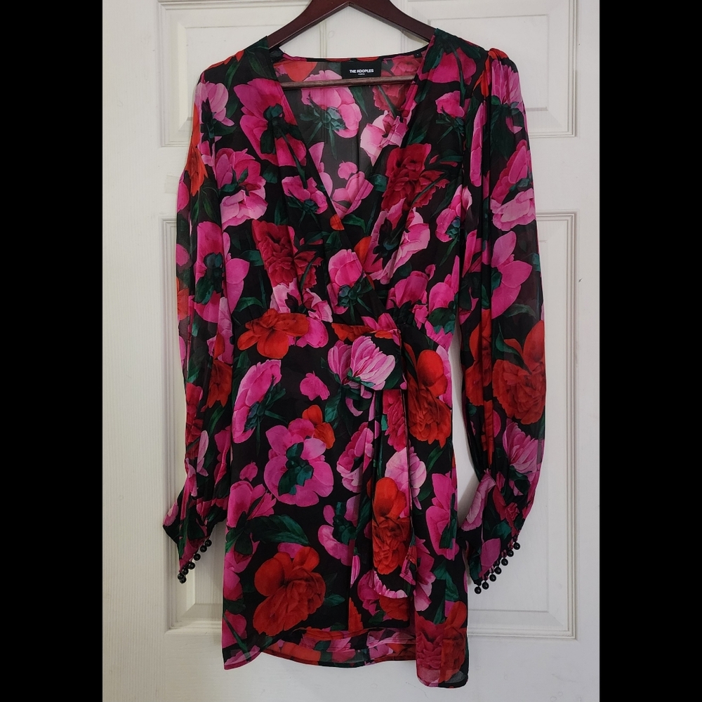 The Kooples Pink Long Sleeve Silk Wrap Mini Dress Spring Summer 2019